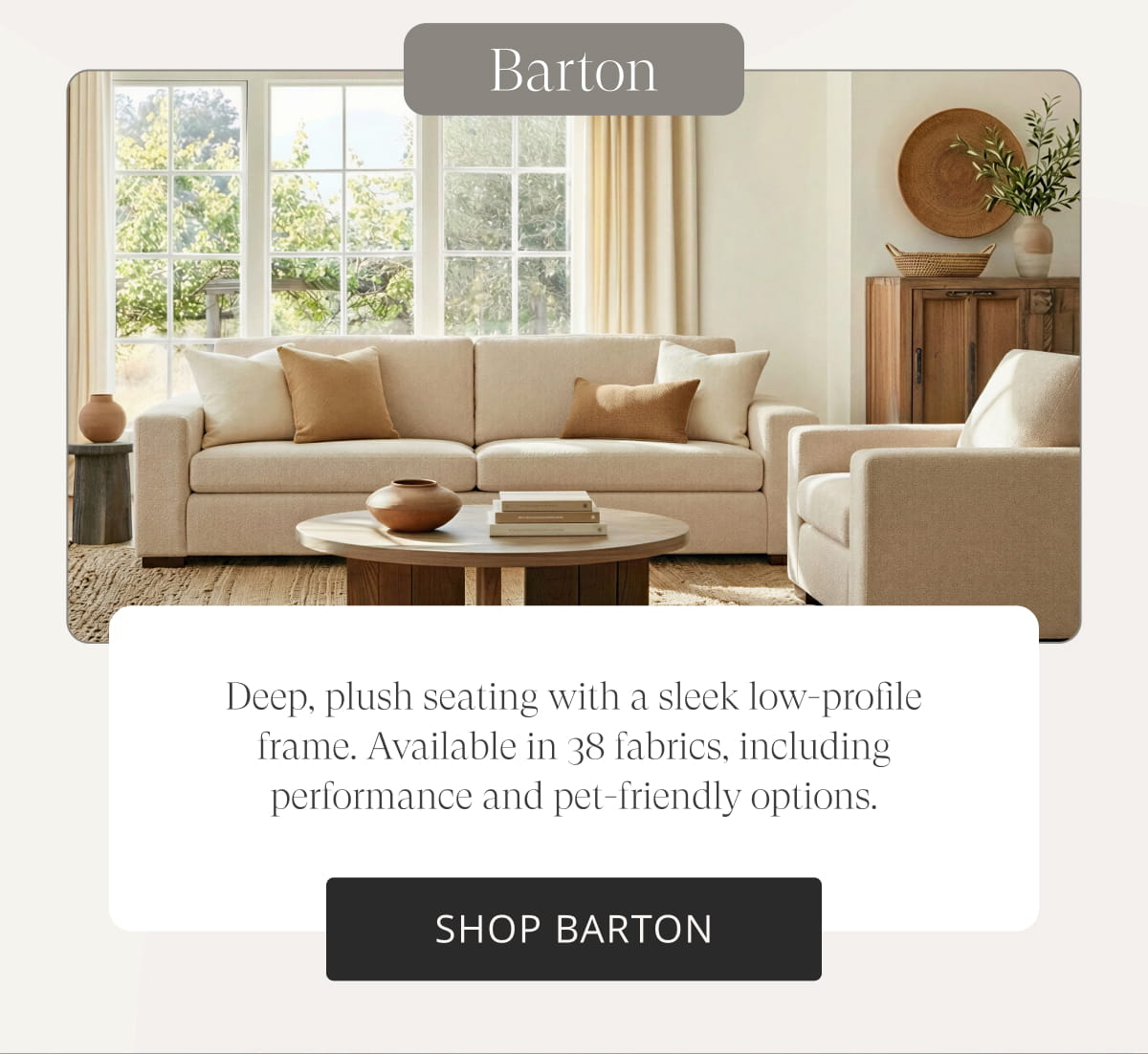 Barton Deep, plush seating with a sleek low-profile frame. Available in 38 fabrics, including performance and pet-friendly options. Shop Barton